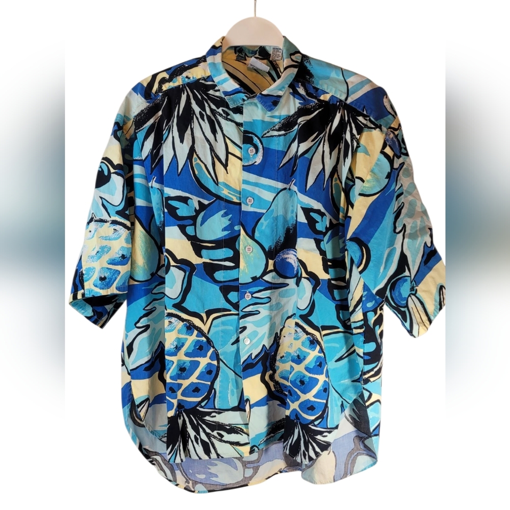 Vintage T&C Surf Designs Hawaiian Tropical Blue and Yellow Button Down Shirt